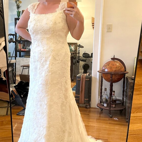 Ivory Lace Keyhole-back Wedding Dress w/ Optional Blush Sash (Demetrios Sz 16) - Picture 13 of 14